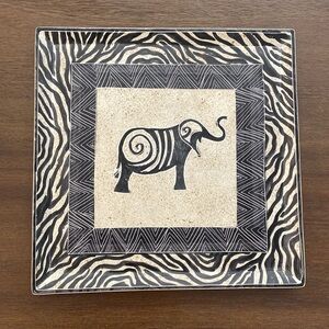 10” x 10” Elephant Soapstone Decorative Plate Hand Carved and Painted in Kenya
